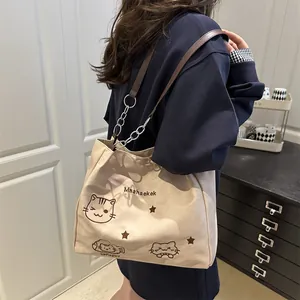 Borsa tote beige alla moda con stampa gatto e tracolla in pelle e catena per il lavoro