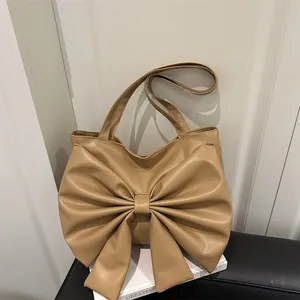 Women Large Bowknot PU Leather Tote Bag Fashion Minimalist Shoulder Bag Commuting Solid Color Large Capacity Handbag
