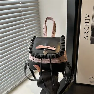 Balletcore Pink Schwarz Kontrast Damen Rucksack Süße Schleife Herzanhänger Rüschenbesatz PU Leder Mode Täglich Tasche