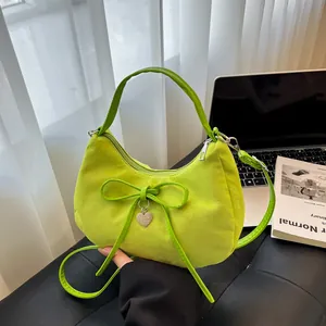 Women Suede Hobo Bag Vintage Sweet Bow Heart Pendant Shoulder Bag Large Capacity Crescent Bag For Daily Commuting Office