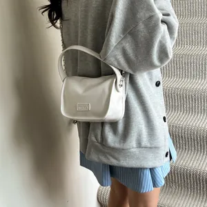 Minimalist off-white PU shoulder bag with silver chain and Fashion metal plaque