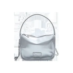 Silver metallic mirror finish handbag with fashion label and silver chain strap