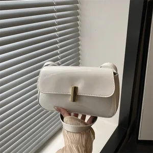 Women's Retro Patent Leather Shoulder Bag Minimalist Flap Crossbody Bag With Gold Metal Buckle Fashion Square Underarm Bag