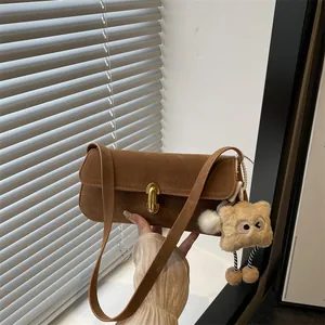 Elegant Faux Suede Underarm Bag For Women Vintage Suede Shoulder Bag With Plush Charm Stylish Baguette Bag Daily Handbag