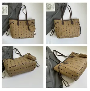 Detailed views of a brown bear pattern tote bag with matching coin purse and slim straps