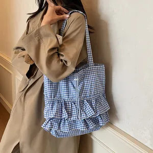 Bolso tote de cuadros azules con bordes plisados y cordón para uso diario casual