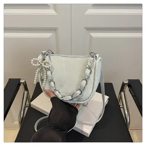 Women Fashion PU Leather Crinkled Small Square Bag With Artificial Pearl Bow Metallic Chain Crossbody Shoulder Bag For Daily Party