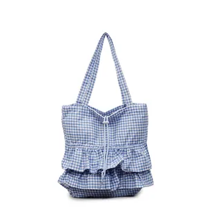Bolso tote a cuadros azules con volantes dobles y cierre de cordón ajustable