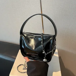 Women Shiny PU Leather Shoulder Bag With Chain Ball Pendant Fashion Small Crossbody Bag For Daily Party Travel