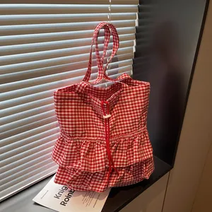 Sac fourre-tout à carreaux rouges et blancs avec volants et cordon de serrage 2025