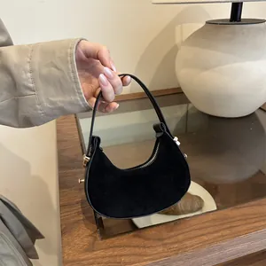 Women Mini Half Moon Suede Handbag Minimalist Solid Color Underarm Bag With Zipper Gold Hardware Fashion Purse For Daily Dating