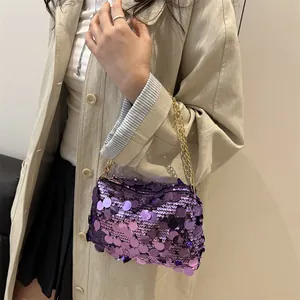 Schicke lila Pailletten-Umhängetasche mit goldener Kette für Damen, eleganter 2025 Stil