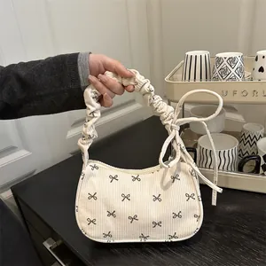 Women Sweet Corduroy Underarm Bag With Bow Pattern Scrunchie Handle Retro Casual Small Shoulder Bag For Daily Dating