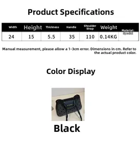 Size chart showing 24x15x5.5cm black polka dot shoulder bag with metal strap details