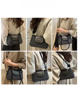 Multiple views of a gray polka dot shoulder bag with black leather flap and rope strap