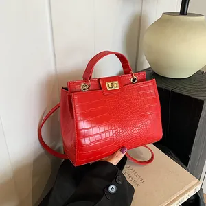 Sac à Main Femme en Cuir PU Motif Crocodile Vintage Sac à Bandoulière Verrouillage Sac Fourre-tout Mode Pour Femmes