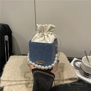 Fashion Leopard Print Bucket Bag For Women Elegant Artificial Pearl Handle Drawstring Shoulder Bag With Gold Chain Crossbody Box Bag