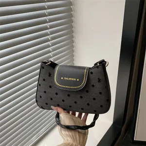 Vintage Polka Dot Women Underarm Bag Retro Herringbone Pattern Shoulder Crossbody Bag With Bow Detail Letter Print Flap Purse