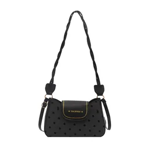 Vintage small square shoulder bag with grey floral pattern and black leather flap