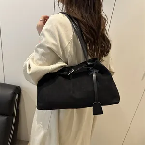 Retro large capacity black suede tote bag with metal buckle for casual women's shoulder wear