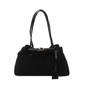 Large black faux suede tote bag with decorative buckles for autumn winter office commute