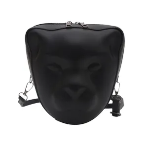 3D panther head shaped crossbody bag in matte black with silver zipper and metal chain