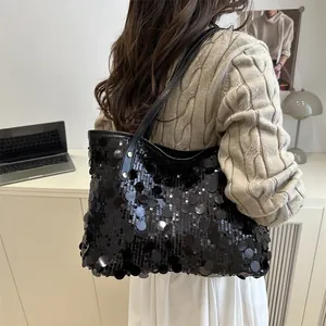 Fashionable black sequin tote bag for women with leather straps and large capacity