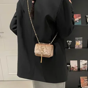 Mini sac bandoulière en velours matelassé doré avec chaîne, pompon et logo élégant