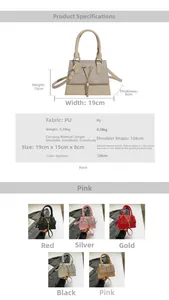 Detail view of the elegant crossbody bag showing dimensions and stylish metal V logo