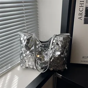 Fashion silver sequin tote bag with large reflective circular discs for women