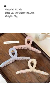 Detailed size view of shell-textured acrylic hair claws in pink, blue, and pearl white