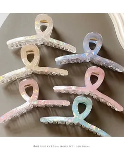 Set of six colorful pearlescent resin hair claw clips with strong metal springs