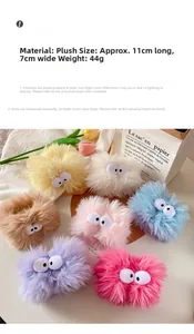 Detail view of plush monster wristbands with big eyes showing dimensions 11x7cm in seven colors