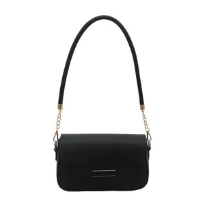 Chic black PU leather shoulder bag with gold hardware and stylish chain strap