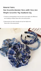 Blue and white plaid headband and scrunchie set with dimensions and weight info