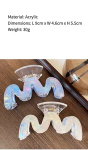 Detailed view of iridescent wavy acrylic hair claw clip with dimensions 9x4.6x5.5cm