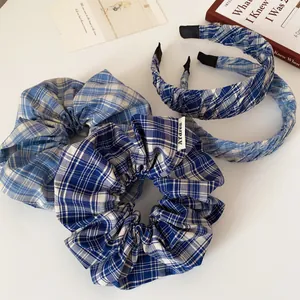 Korean Sweet Blue White Plaid Fabric Headband And Ruffle Scrunchie Combination Fresh Fashion Hair Accessories For Women