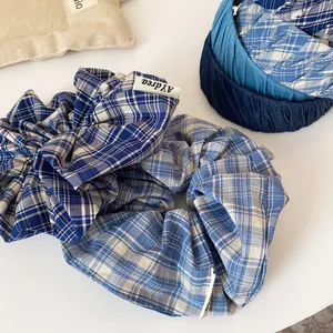 Blue plaid and striped headband set with scrunchies in fresh Korean style for women
