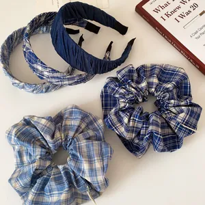 Blue plaid headband and scrunchie set featuring fresh preppy style hair accessories