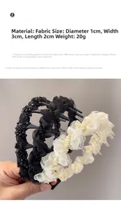 Detail of mesh puff lace headband showing bead decoration and fabric texture