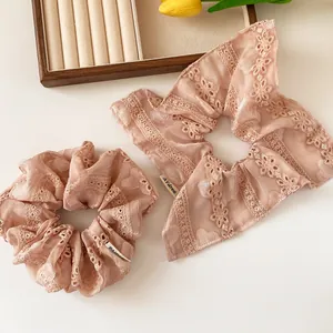 French Style Lace Edged Solid Color Scrunchie For Women Elegant Embroidery Mesh Hair Tie Floral Pattern Hair Accessory