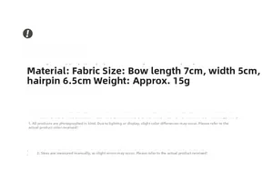 Detailed chart showing 7x5cm fabric bow hair clip dimensions and 15g lightweight material