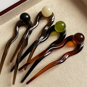 Vintage Acrylic U Shaped Hair Fork With Round Ball Wave Design Elegant Hair Stick For Women Updo Styling Accessories