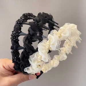 Elegant Mesh Ruffle Headband With Non-Slip Teeth Beads Artificial Pearls Embellished Hair Band Fashion Hair Accessories For Women Daily Styling
