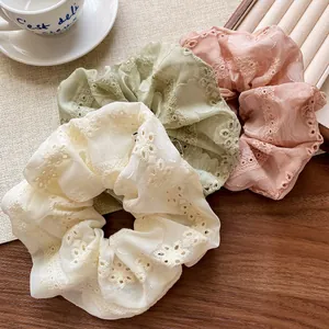 Three-piece set of lace embroidery hair scrunchies in cream, green, and pink colors
