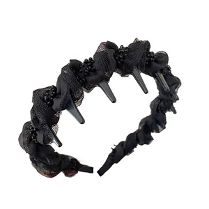 Elegant black mesh bubble lace headband with anti-slip comb teeth for volume