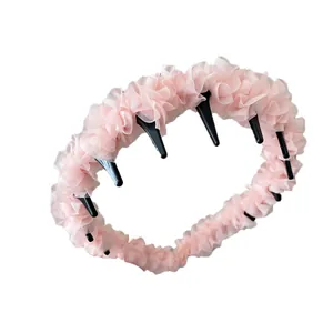 Pince à cheveux rose plissée en résille avec design rétractable et dents de maintien