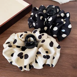 French Vintage Polka Dot Bowknot Hair Claw Large Fabric Wrapped Shark Clip For Women Elegant Polka Dot Hair Accessories