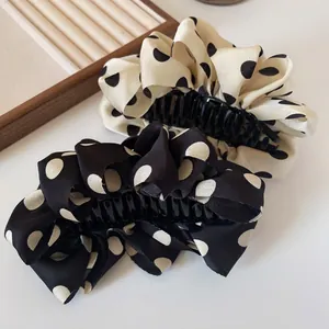 Polka dot satin hair claw clips for women set of two in black and beige stylish hair accessories