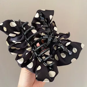 French style polka dot ribbon hair claw clip with satin bow and large shark clip design